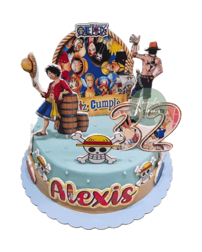 Detalles de tarta de One Piece personalizada, pastel temático de piratas en Barcelona, pasteles infantiles sin fondant, Angela Moreno Repostería, pasteles personalizados en Barcelona.