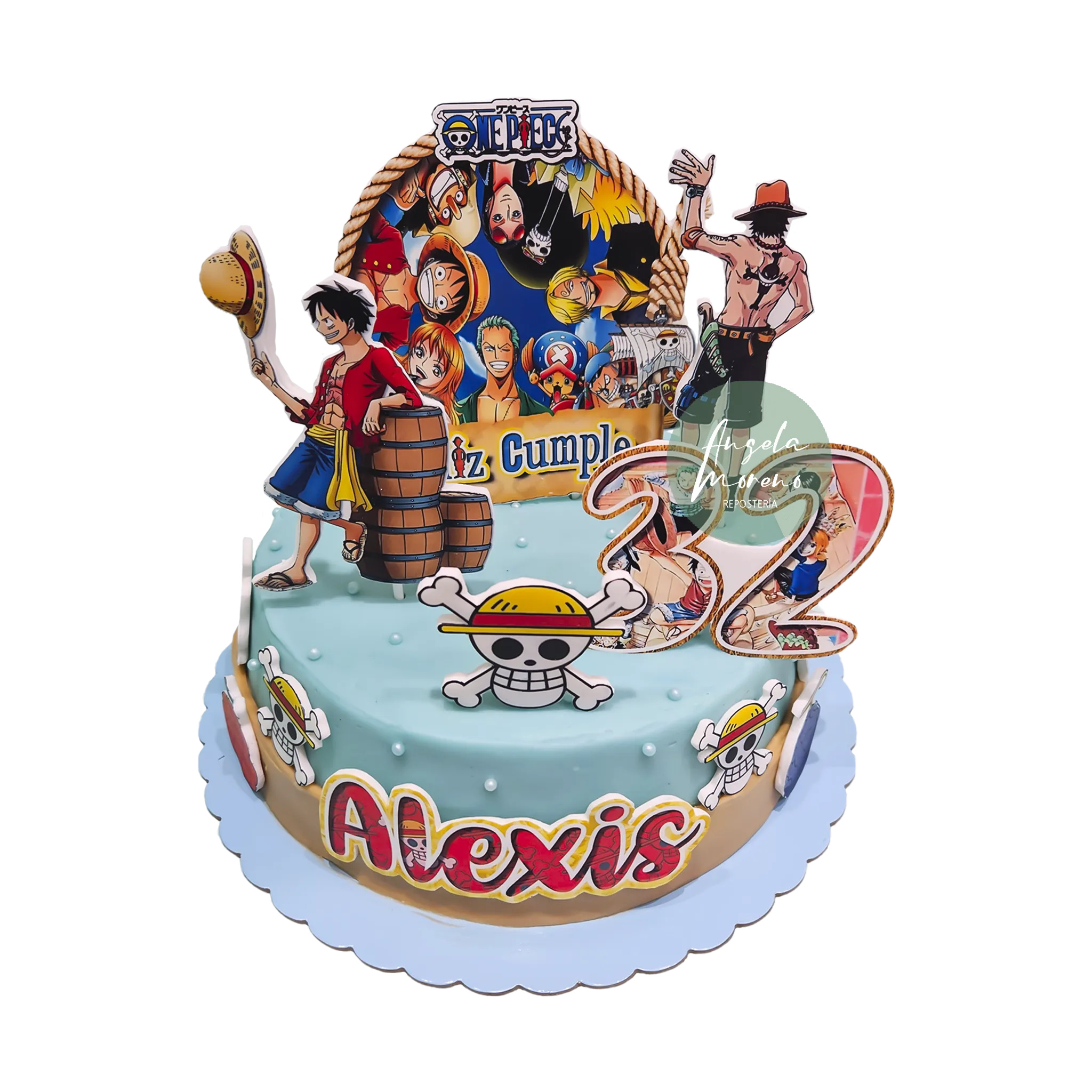 Detalles de tarta de One Piece personalizada, pastel temático de piratas en Barcelona, pasteles infantiles sin fondant, Angela Moreno Repostería, pasteles personalizados en Barcelona.