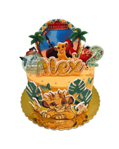 Detalle de personajes del Rey León en tarta personalizada sin fondant para cumpleaños en Barcelona. Angela Moreno Repostería, pasteles personalizados en Barcelona.