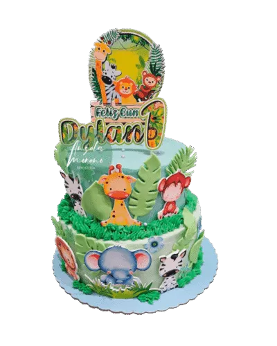 angela-moreno-reposteria-cafe-Barcelona-pastel-de-dos-pisos-animales-safari,-león-jirafa-mono-cebra-elefante