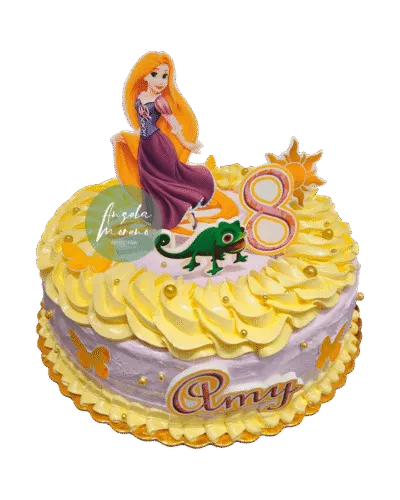 angela-moreno-reposteria-cafe-Barcelona-tarta-de-rapunzel,-enredados,-camaleón-pascal,-sol,-color-amarilla-y-lila