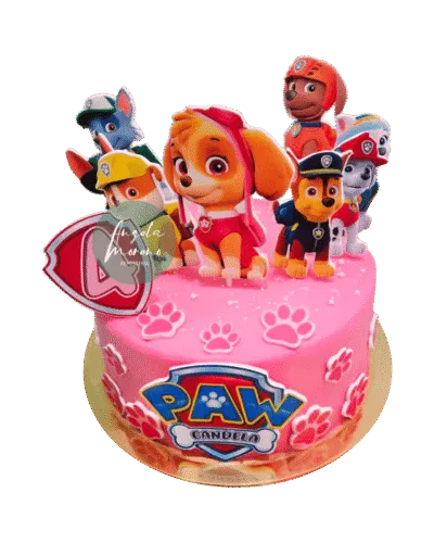 angela-moreno-reposteria-cafe-Barcelona_pastel-de-patrulla-canina-rosa,-paw-patrol-skye-chase-marshall-rocky