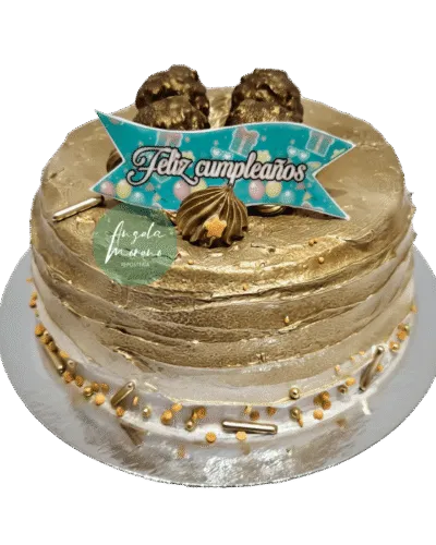 angela-moreno-reposteria-cafe-Barcelona_pastel-dorado-con-bolas-de-chocolate-color-oro-y-azul,-feliz-cumpleaños