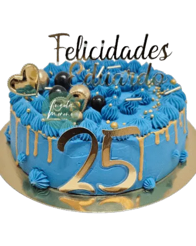 angela-moreno-reposteria-cafe-Barcelona_pastel-para-25-años-azul-y-drip-dorado-topper-felicidades-y-decoracion-adulta-elegante