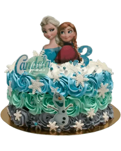 angela-moreno-reposteria-cafe-Barcelona_tarta-con-rosetones-azul-y-blanca-de-frozen-elsa-y-ana-con-olaf-,-divertida,-copos-de-nieve