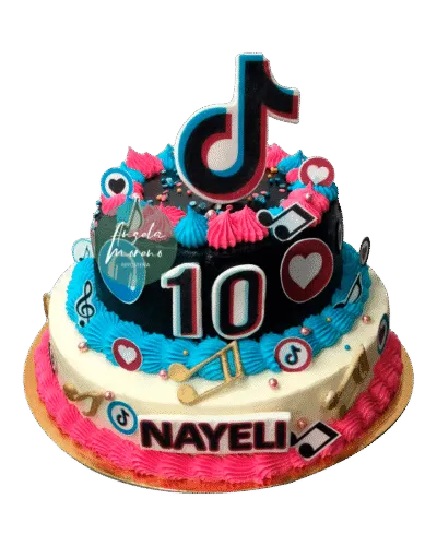 angela-moreno-reposteria-cafe-Barcelona_tarta-de-dos-pisos-TIK-TOK,-blanca-negra-rosa-magenta-y-azul-cian,
