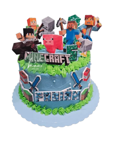 angela-moreno-reposteria-cafe-Barcelona_tarta-de-minecraft,-pastel-de-videojuego-gamer,-cerdo,-creeper,-arañas