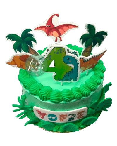 angela-moreno-reposteria-cafe-Barcelona_tarta-dinosaurios-para-niño,-numero-personalizado-4-cuatro-años-color-verde