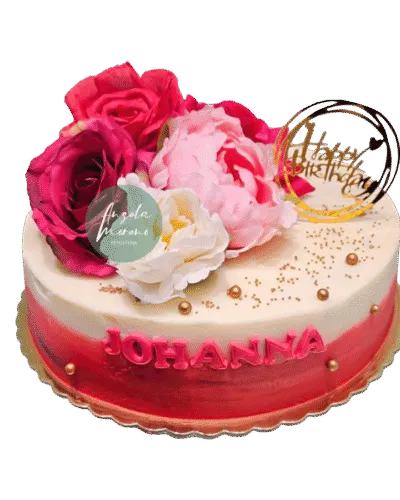 angela-moreno-reposteria-cafe-Barcelona_tarta-dos-colores-blanca-y-roja-flores-y-topper-de-happy-birthday