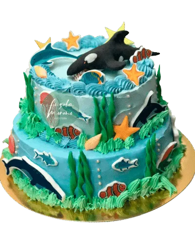 angela-moreno-reposteria-cafe-Barcelona_tarta-dos-pisos-tematica-mar,-peces-para-decorar,-orca,-algas,-medusa-oceano-tematica-maritimo