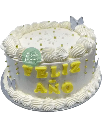 angela-moreno-reposteria-cafe-Barcelona_tarta-feliz-año-blanca-con-decoración-simple-mariposas-y-perlas-comestibles
