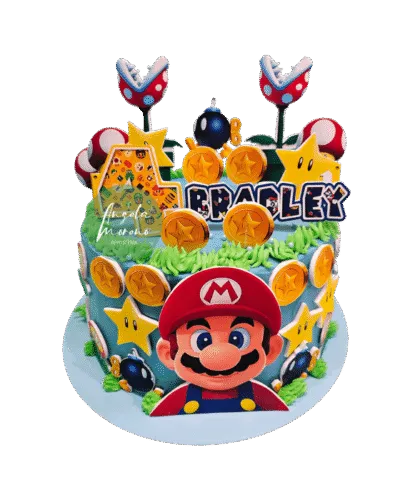 angela-moreno-reposteria-cafe-Barcelona_torta-de-mario-bros,-nintendo-videojuegos,-monedas-plantas-estrellas