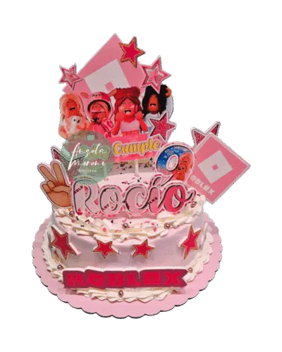 angela-moreno-reposteria-cafe-Barcelona_torta-de-roblox-para-niña-color-rosa,-personajes-de-concierto,-estrellas