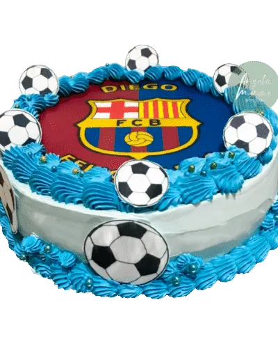 Pastel del Barça oblea redonda Barcelona, tarta fútbol sin fondant, pastel cumpleaños FC Barcelona, repostería temática culé, Angela Moreno Repostería, pasteles personalizados en Barcelona.