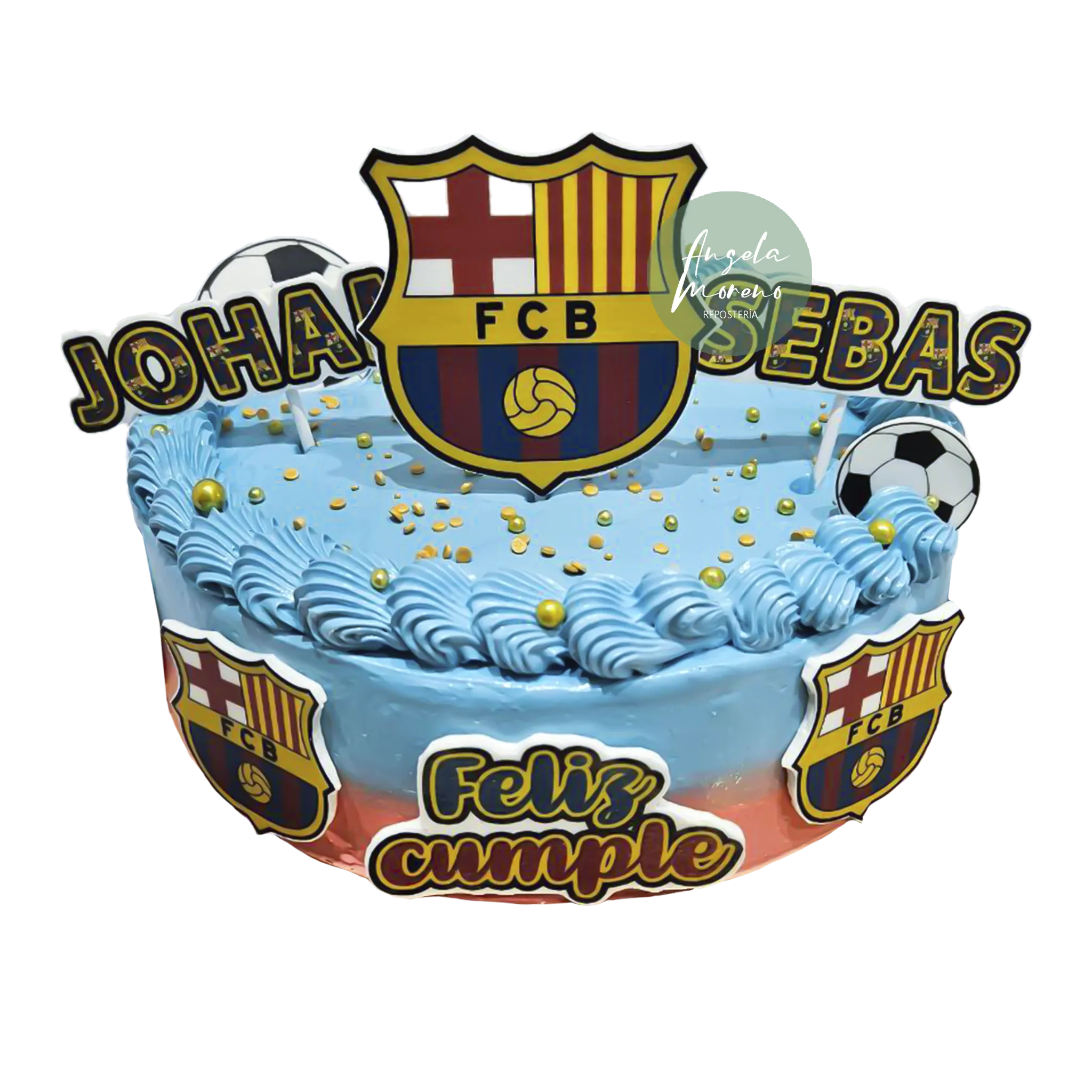 Pastel FC Barcelona personalizado Barcelona, tarta de fútbol culé sin fondant, pastel cumpleaños Barça, repostería temática azulgrana, Angela Moreno Repostería, pasteles personalizados en Barcelona.