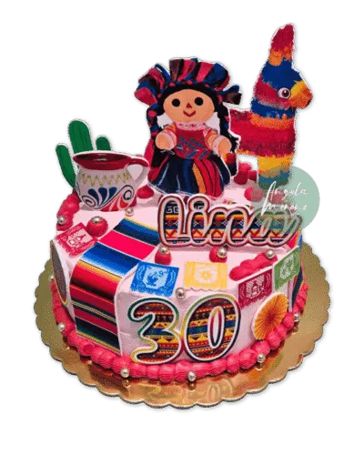 Detalle pastel diseño mexicano, decoración comestible vibrante, pastel fiesta en Barcelona, tartas personalizadas sin fondant, Angela Moreno Repostería, pasteles personalizados en Barcelona.