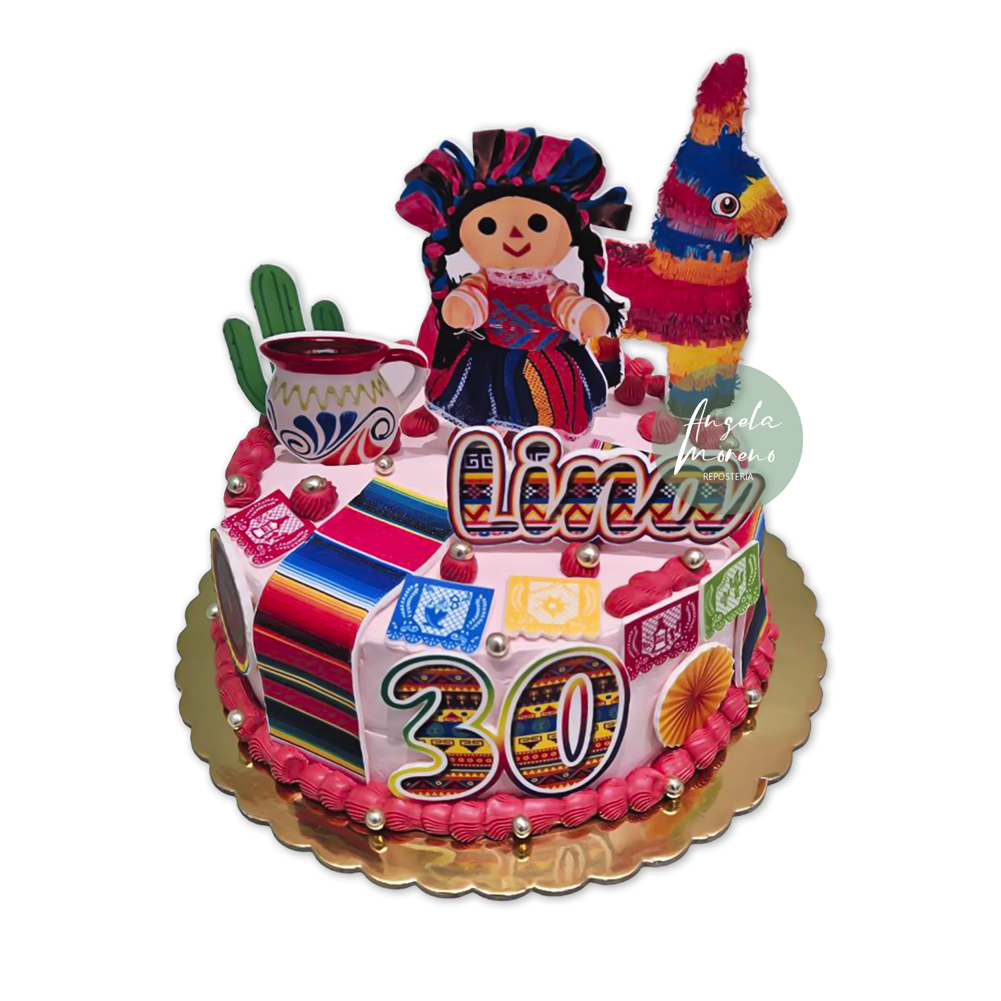 Detalle pastel diseño mexicano, decoración comestible vibrante, pastel fiesta en Barcelona, tartas personalizadas sin fondant, Angela Moreno Repostería, pasteles personalizados en Barcelona.