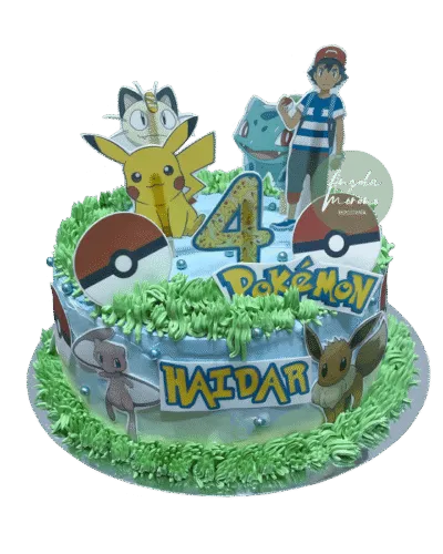 Pastel de Pokémon oblea comestible Barcelona, tarta cumpleaños infantil sin fondant, pasteles temáticos Pikachu, repostería Pokémon Barcelona, Angela Moreno Repostería, pasteles personalizados en Barcelona.