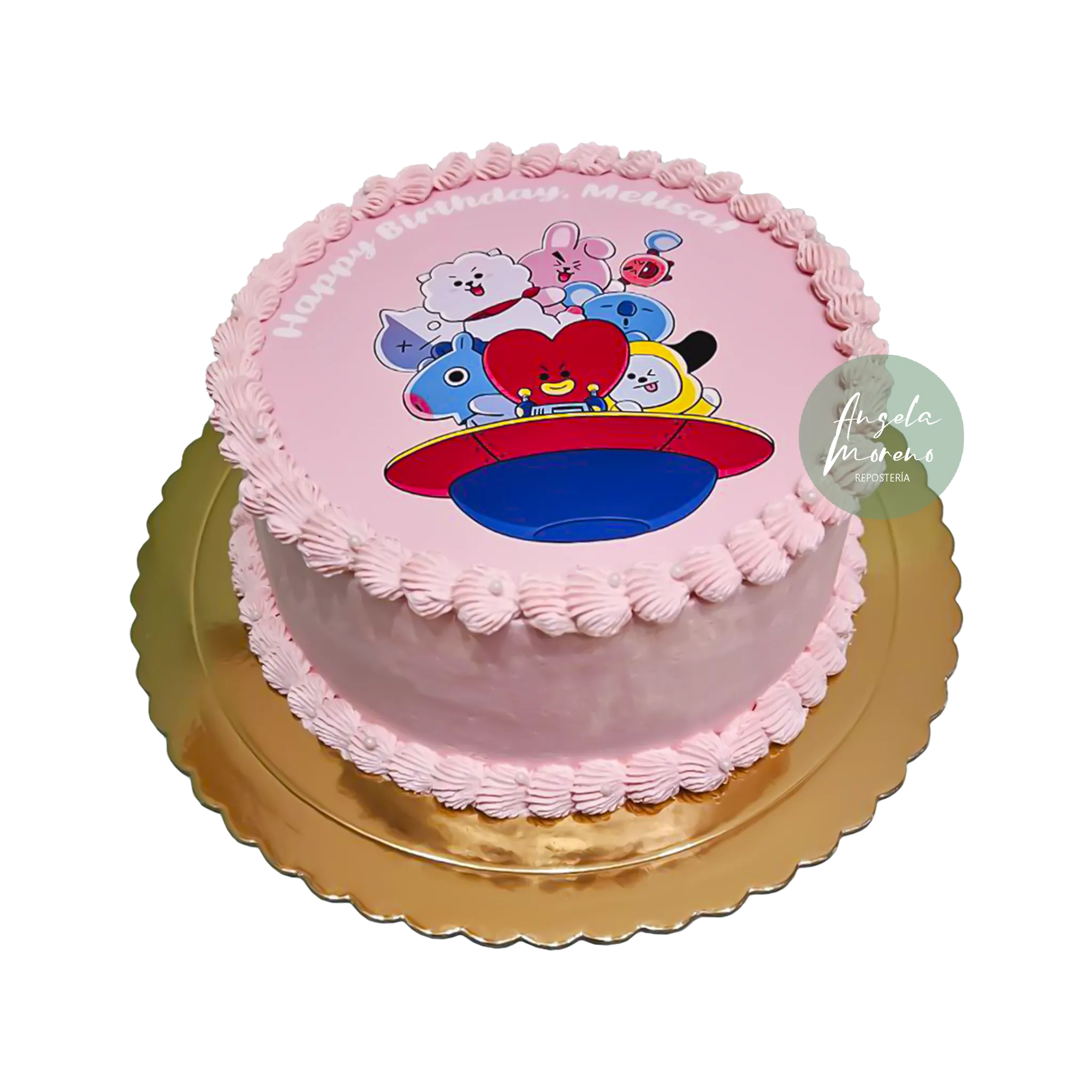 Pastel BT21 personalizado Barcelona, tarta cumpleaños BTS sin fondant, pasteles temáticos K-pop, repostería BT21 Barcelona, Angela Moreno Repostería, pasteles personalizados en Barcelona.