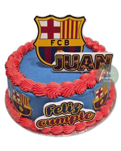 Tarta del FC Barcelona comestible, pastel de fútbol personalizado, tarta de celebración deportiva Barcelona, decoraciones comestibles sin fondant, Angela Moreno Repostería, pasteles personalizados en Barcelona.