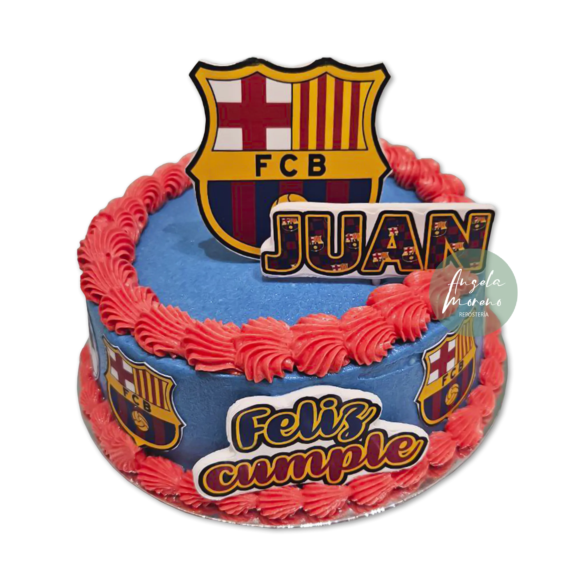 Tarta del FC Barcelona comestible, pastel de fútbol personalizado, tarta de celebración deportiva Barcelona, decoraciones comestibles sin fondant, Angela Moreno Repostería, pasteles personalizados en Barcelona.