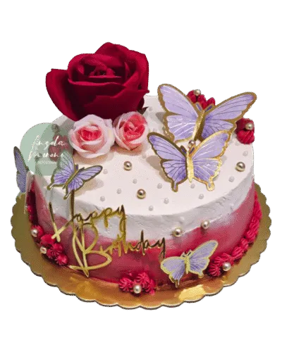 Pastel rojo elegante con rosas y mariposas Barcelona, tarta romántica sin fondant, pastel cumpleaños aniversario, repostería de lujo Barcelona, Angela Moreno Repostería, pasteles personalizados en Barcelona.
