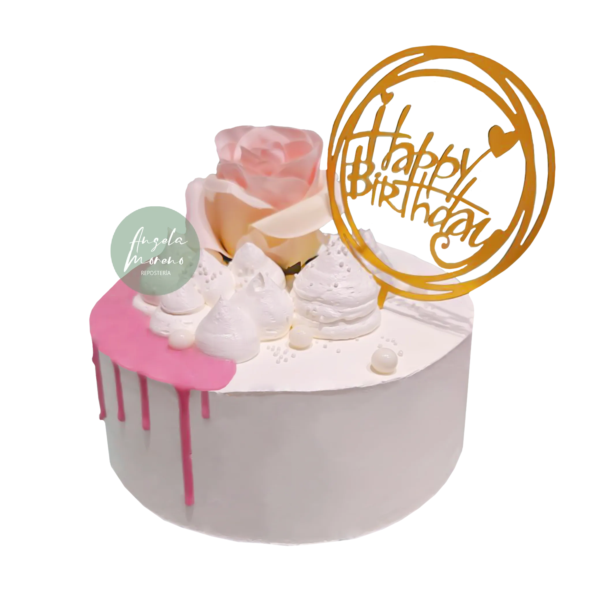 tarta drip rosa, happy birthday, flores angela moreno reposteria cafe barcelona
