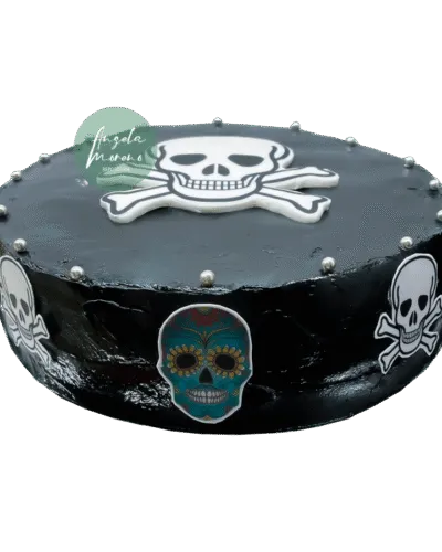 tarta negra con calavera para halloween, terror, angela moreno reposteria cafe barcelona