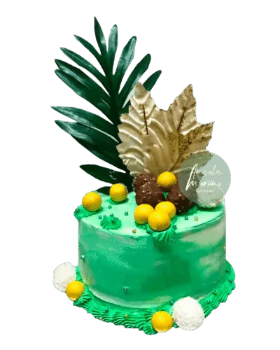 tarta verde con hoja Detalle hojas pastel verde, decoración natural de tarta Barcelona, pastel fresco sin fondant, pasteles con diseño botánico, Angela Moreno Repostería, pasteles personalizados en Barcelona.