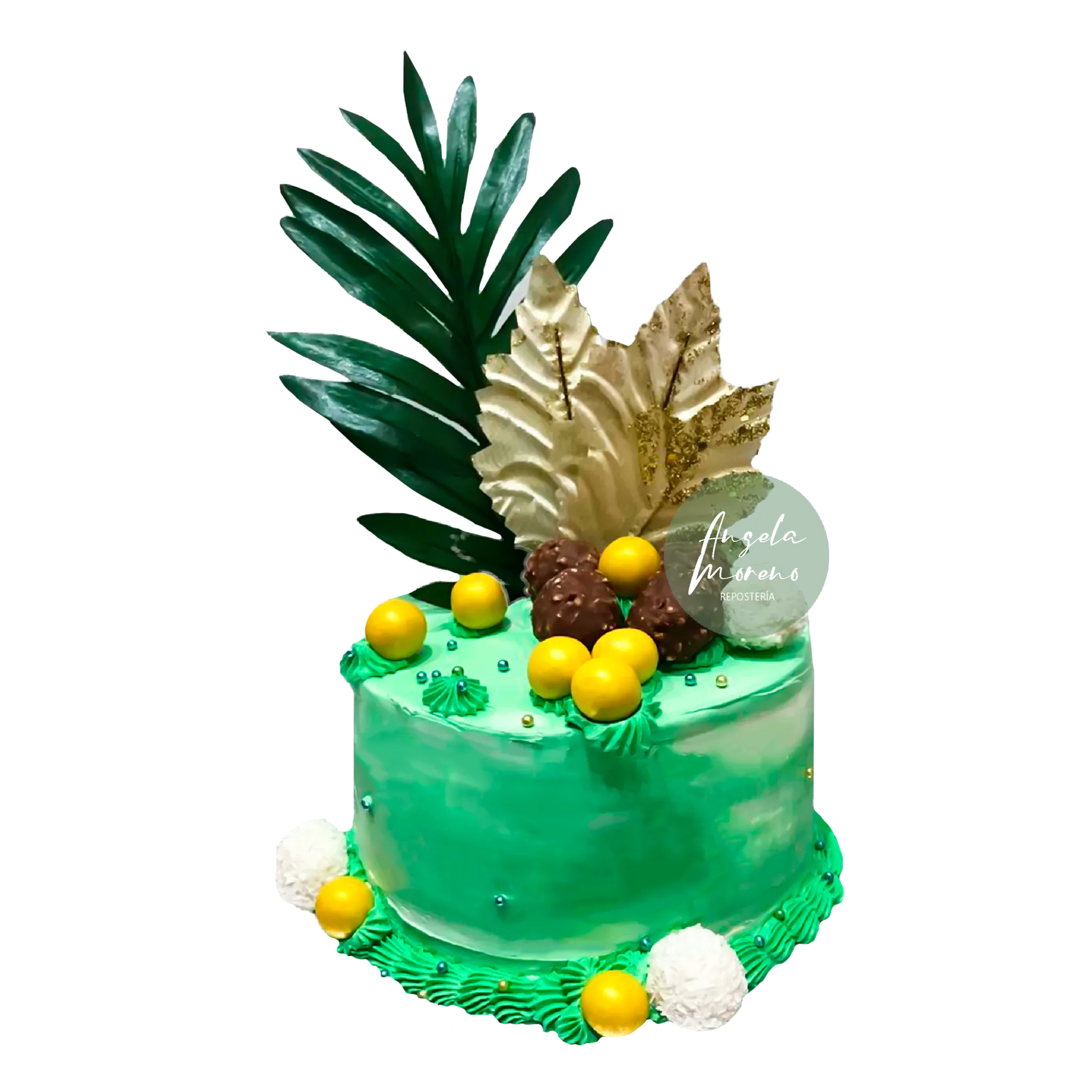 tarta verde con hoja Detalle hojas pastel verde, decoración natural de tarta Barcelona, pastel fresco sin fondant, pasteles con diseño botánico, Angela Moreno Repostería, pasteles personalizados en Barcelona.